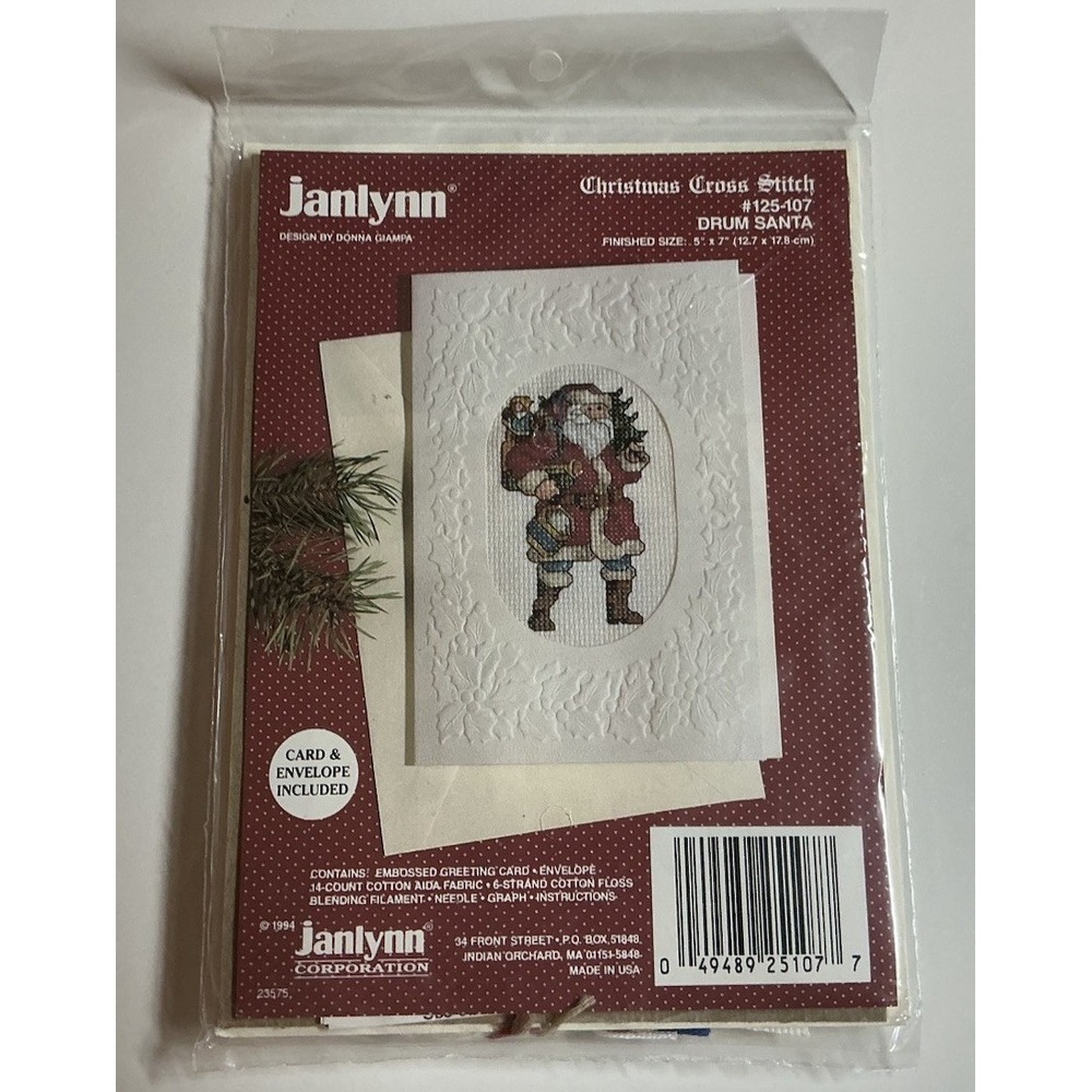 1994 Janlynn Corp DRUM SANTA #125-107 Christmas Cross Stitch Holiday Card 5 X 7"